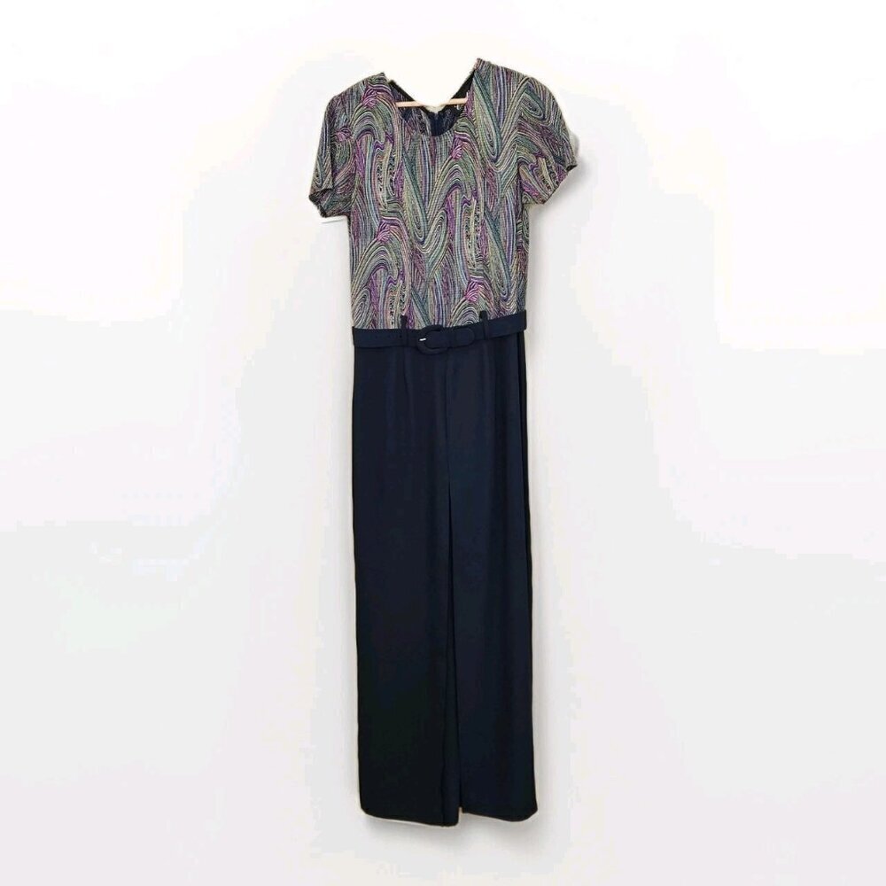 Cartise Intl Jumpsuit Womens 8 Navy Rainbow Wide Leg Palazzo Disco 90s VTG Boho
